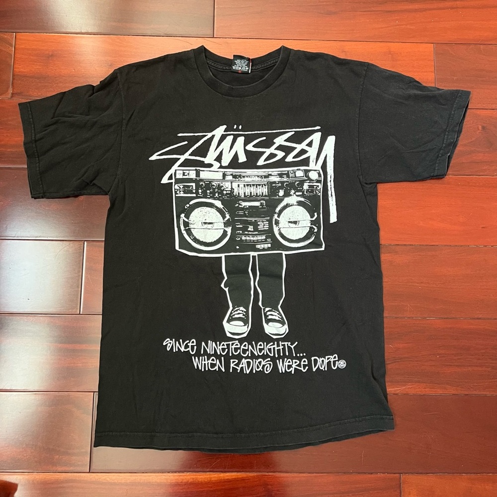 VTG Y2K Stussy Black Radio Skateboarding Sneakers TShirt Tee Medium